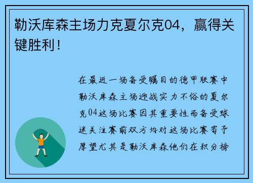 勒沃库森主场力克夏尔克04，赢得关键胜利！